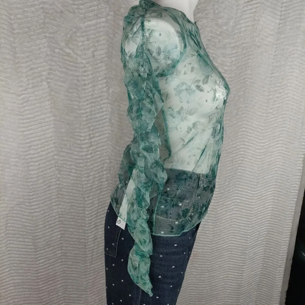 NWT Zara Green Floral Sheer Tulle Mesh Top Sz S